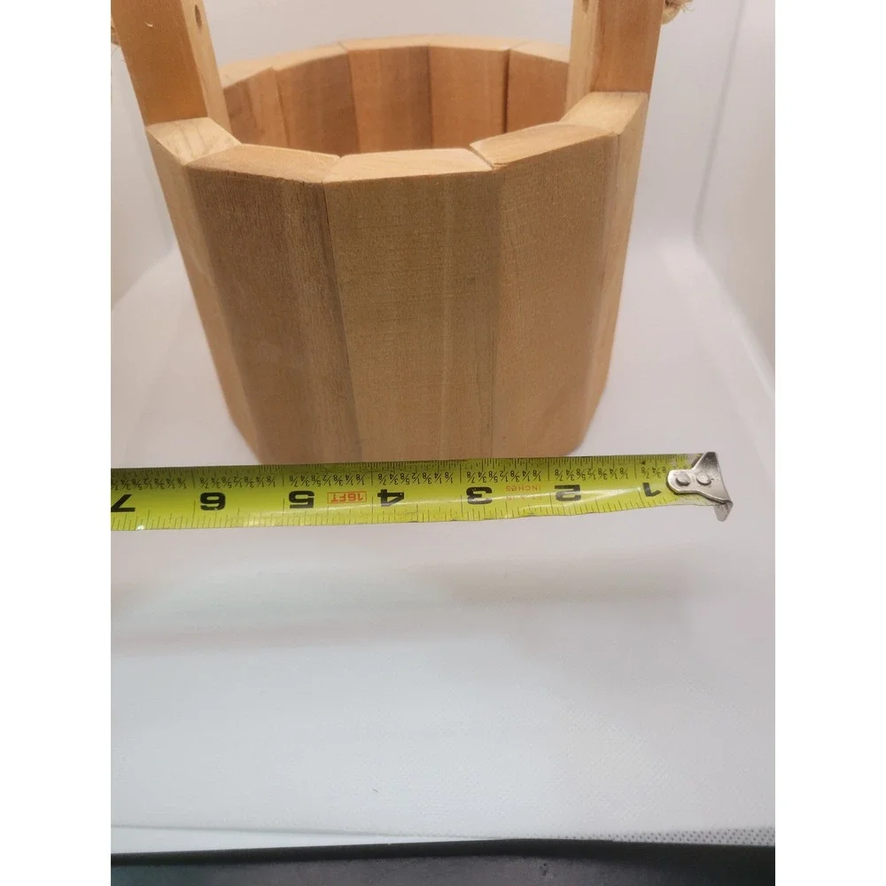Rustic Wooden Bucket Planter with Jute Rope Handle Natural Farmhouse Decor 7.5in